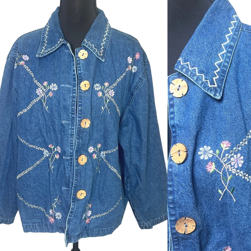 VTG Denim Jacket Shirt Women M Embroidered Floral Cottagecore‎ Boho Grandmacore